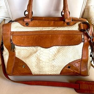 REBECCA MINKOFF Leather Croc Embossed  Morning After Bag. Cream/Brown. RT $498